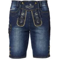 Steigenhöfer Manufaktur Trachtenjeans Herren im Lederhosen Look - Leonard - Stonewashed Stretch Denim Trachtenlatz mit Knopfleiste - Kurze Jeans - Oktoberfest Outfit