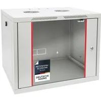 HMF Serverschrank 66409-07 Netzwerkschrank, Serverschrank 19 Zoll, 9 HE, 450 mm Tiefe, voll montiert, Glastür, Lichtgrau