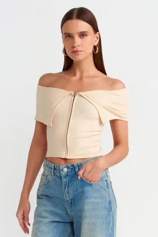 Damen Off-Shoulder Crop-T-Shirt mit Reißverschluss