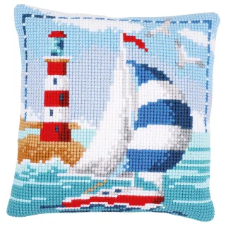 Kreuzstichkissen "Segelboot & Leuchtturm"