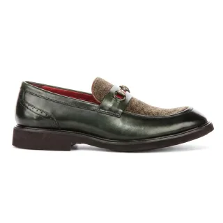 Justin Reess Herren grüne Leder Fischgrät Tweed Loafer Schuhe – Tristian