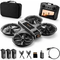 Goldstern-Tech RC-Quadrocopter Drohne (mit 12,5-cm Full-HD Display-Fernsteuerung bis 60min Flugzeit, komplett geschütztem Propellerdesign inkl. 8GB SD-Karte), Dualkamera mit 90° Winkel & 50x Zoom, Optical-Flow, Brushless-Motoren