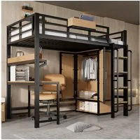 MODFU Kinderbett mit Doppeltür-Kleiderschrank, praktische Ablagen (Eisenbett mit Treppe, Schreibtisch, Hochbett 90x200 cm), ohne Matratze