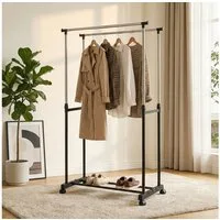 shop'n smile ideoon Kleiderständer Mobiler Kleiderständer Doppelstange B 80 cm Höhenverstellbar 90-160cm, Fahrbare Doppel-Kleiderstange, mit Schuhablage, 80 x 90–160 x 42cm