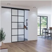 inova wohnen Glasschiebetür mit schwarzem 10 Felder Dekor satiniert, Größenauswahl (Komplett-Set, inkl. Schienensystem und Stabgriff), Softclose-Funktion wählbar
