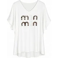 ITALY VIBES Kurzarmshirt - T-Shirt - Rippstrick Shirt kurzarm Damen - trendiger Leo-Print Schri ONE SIZE / passend für Größe S - XL