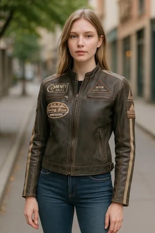 Damen Vintage Tan Biker Racing Badges Lederjacke-Eastleigh