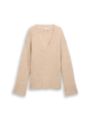 Tom Tailor - Oversize Strickpullover mit Wollanteil sand stone beige melange - Gr. - M
