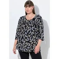 Ulla Popken T-Shirt Shirt Blüten A-Linie V-Ausschnitt 3/4-Arm