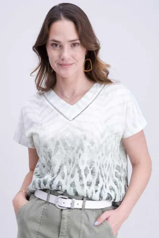 signe nature - T-Shirt mit V-Ausschnitt grün/weiß - Gr. - 48