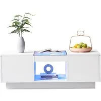Merax Couchtisch inkl. APP mit 2 Schubladen, Beistelltisch mit Glasplatte, Wohnzimmertisch mit LED, Kaffeetisch