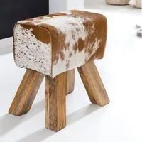 FINEBUY Sitzhocker Design Springbock Fußhocker Turnhocker Turnbock Pferd Leder (Turnbock Ziegenfell Braun / Weiß 40 x 30 x 47 cm), Turnhocker Springbock, Hocker Fellhocker Modern