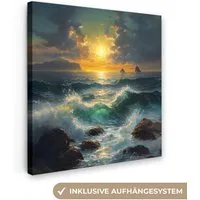 OneMillionCanvasses® Leinwandbild Meer - Sonne - Wellen - Felsen, Fotodruck (1 St), Wandbild, Deko Schlafzimmer Wohnzimmer Flur 20x20 cm