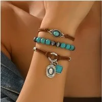 The Beauty House Armband Vintage Armband Damen mit Türkis Stein, – Boho Lederarmband im Ethno Stil, Retro Schmuck verstellbar