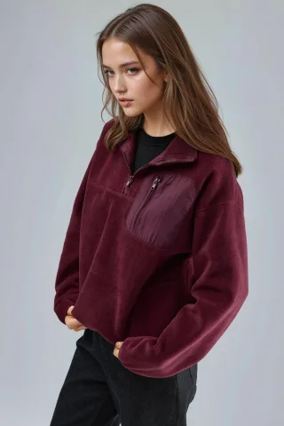 Reißverschluss-Kragen Plüschstrick-Sweatshirt mit Tasche