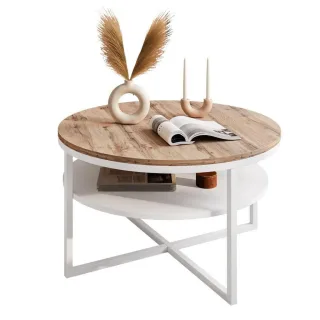 Lookway Couchtisch, Weiß, Eiche Wotan, Holzwerkstoff, Rund, 70x45.6x70 cm, Wohnzimmer, Wohnzimmertische, Couchtische