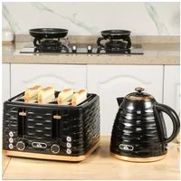 HOMCOM Toaster Wasserkocher Frühstück-Set: 1,7L, 4 Scheiben, 7 Bräunungsstufen, 4 Schlitze, für 4 Scheiben, 2200 W, Auftau-, Aufwärm- und Krümelschublade, Otter-Thermostat, Schwarz