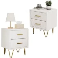 FUROKOY Nachttisch 2er set Nachtschrank mit Schubladen, Beistelltisch mit Metallbeine (Sofatisch Beistelltisch mit 2 Schubladen, Beige PU), Schubladenschrank für Schlafzimmer Flur Wohnzimmer, 41 x 35.5 x 51 cm