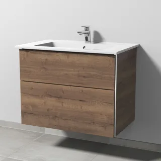 Sanipa 3way Keramik-Set Venticello Keramik-Waschtisch und Unterbau mit 2 Auszügen, Eiche-Tabak BR32350