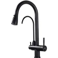HOMELODY Küchenarmatur 3 Wege Wasserhahn Küche Trinkwasserhahn mit Ausziehbarer Brause 360°-Drehbar 3-in-1 Spültischarmatur Schwarz 2 Griffe