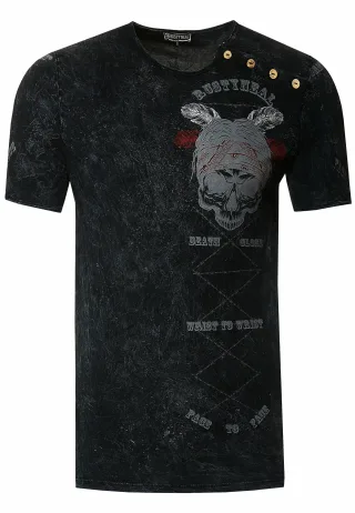 Verwaschenes Rundhals T-Shirt mit Knopfleiste und Prints