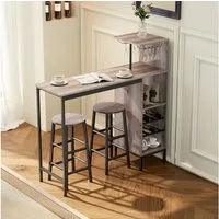 HOMCOM Bargruppe Esstisch mit Weinglashalter, Ablage, Industrial Bartisch Set, (Bartisch-Set, 3-tlg., Esstisch mit 2 Stühlen), Platzsparendes Design, Grau