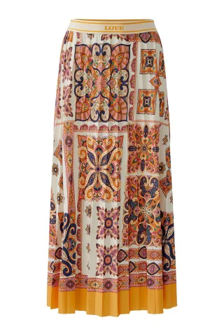 Miss Lagotte - Plissierter Maxirock mit Ethno-Muster braun/orange - Gr. - 36