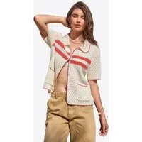 Imily Bela Cardigan Damen Kurzarm mit Lochmuster Polokragen und Kontraststreifen Sommer (Packung, 1-tlg., 1per-Pack) gehäkelt mit Spitze