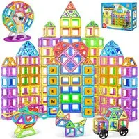 POPOLIC Magnetische Bausteine, Magnetspiel STEM Magnetbausteine Magnetspielbausteine, (Montessori Spielzeug ab 3 Jahre, Magnete Spielzeug ab 3 4 5 Jahre Geschenk, 1 St), für Kinder Jungen und Mädchen, 136 Teile Magnetbausteine