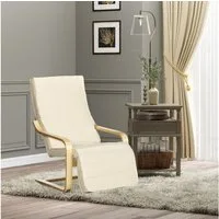 HOMCOM Relaxsessel mit Verstellbarem Fußteil, mit Leinenoptik (Esszimmerstuhl, 1-St., Schwingstuhl), für Wohnzimmer, Birkenholz, Cremeweiß 66,5 x 94 x 100cm