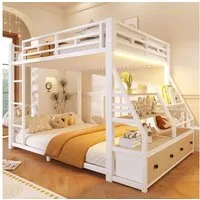 Flieks Etagenbett, Metall Kinderbett 140x200cm mit LED-Beleuchtung & seitlichem Stauraum