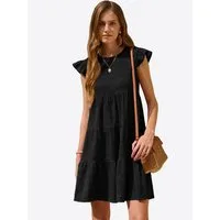 Imily Bela Babydollkleid Damen Lockeres Minikleid mit Rüschen Besatzung (Packung, 1-tlg., 1per-Pack) in Unifarbe