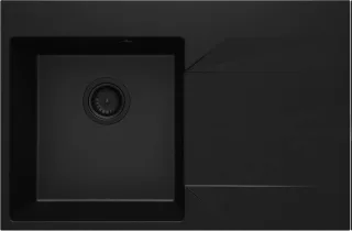 Neuesbad 1-Becken Granitspüle mit Abtropffläche rechts 760x500x195, 5", Schwarz, mit Raumsparsiphon NB1DEZQJN11P1