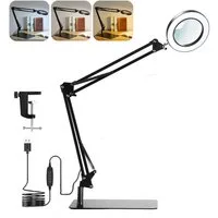 Insma Lupenlampe 10W Tischleuchte Lupe mit Licht 10-fache Vergrößerung,Basis und Klemme, 3 Farben dimmbar, 3000K-6000K Schreibtischlampe USB