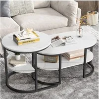 BELUPAI Couchtisch 2in1 Beistelltisch, Runder Tisch mit Marmoroptik (2er Set, 1-St., Satztisch), 80x46x41cm und 52x52x51cm,Weiß-Schwarz