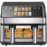 WHEELYOU Heißluftfritteuse 9L, 2000W Airfryer mit Doppel-/Einzelkammer, Sichtfenster & 12 Programmen, 2000 W, 9L Airfryer mit Touchscreen, 360° Heißluft und 12 Programmen