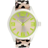 OOZOO Quarzuhr XXL Damenuhr C0902 – Taupe & Lemon – Animalprint-Lederband – 46 mm