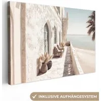OneMillionCanvasses® Leinwandbild Terrasse - Stühle - Strand - Beige, Fotodruck (1 St), Leinwand Bilder Klein, Wand Dekoration Aesthetic 30x20 cm