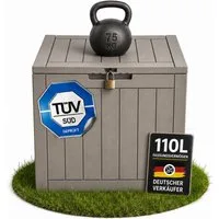 ONDIS24 Gartenbox City Cube Holzoptik Kissenbox Poolbox Sitztruhe 110L, UV,- und witterungsbeständig, abschließbar