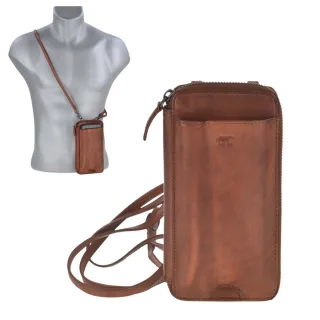 Handy-Portemonnaie RFID & Handyfach Leder cognac | Bear Design Anniek. Funktionale Umhängetasche für Damen mit 6 Kartenfächern und 170cm Gurt.