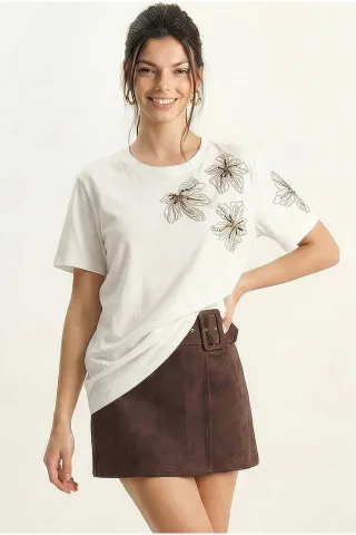 Blumenbesticktes Rundhalsausschnitt T-Shirt
