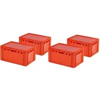 Logiplast Transportbehälter 4 Stück E3-Kisten rot mit Deckel in rot, (Spar-Set, 4 Stück), Lebensmittelecht, leicht zu reinigen, stapelbar