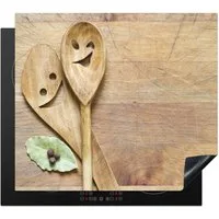 MuchoWow Herd-Abdeckplatte Holz - Löffel - Braun - Smiley, Vinyl, (1 tlg), Cerankochfeld Abdeckung, Herd Abdeckplatten Vinyl, 58.3x51.3 cm