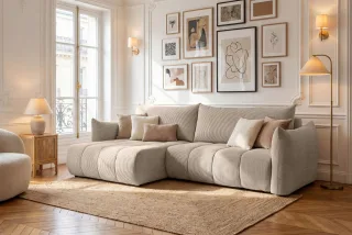 Ecksofa Schlafsofa ONTARIO in Stoff Poso Beige Ottomane Links