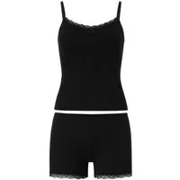 fashionshowcase Pyjama Damen Hausanzug – Schlafanzug mit Shorts & Top, schwarz mit Spitze (2 tlg., 2-teiliges Set) Weiches & elastisches Material, elegante Spitze, figurbetonter Schnitt