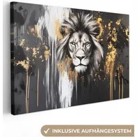 OneMillionCanvasses® Leinwandbild Löwe - Porträt - Farbkleckse - Grau, Fotodruck (1 St), Leinwand Bilder Klein, Wand Dekoration Aesthetic 30x20 cm