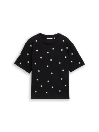 Denim Tom Tailor - Boxy Fit T-Shirt mit Stickereien black daisy design - Gr. - S