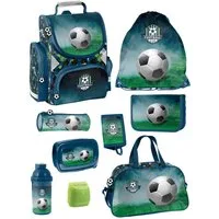 Familando Schulranzen 1.-3. Klasse ergonomisch, leicht, Volumen 15 Liter (Set, 9-tlg., inkl. Federmäppchen (gefüllt) und Sporttasche), Fussball Schultasche für Jungen, Blau