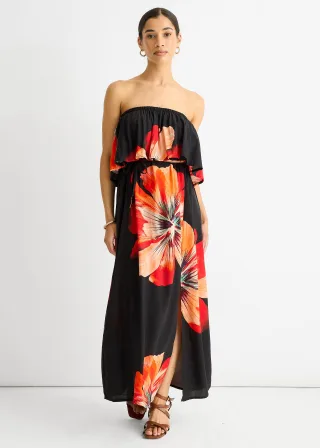 Schwarzes Bardot-Rüschenschlitz-Midikleid aus Viskose