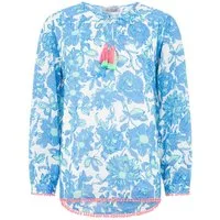 Zwillingsherz Shirtbluse "Schmetterling" mit Blumenmuster, Tasseln und Pom Pom Besatz